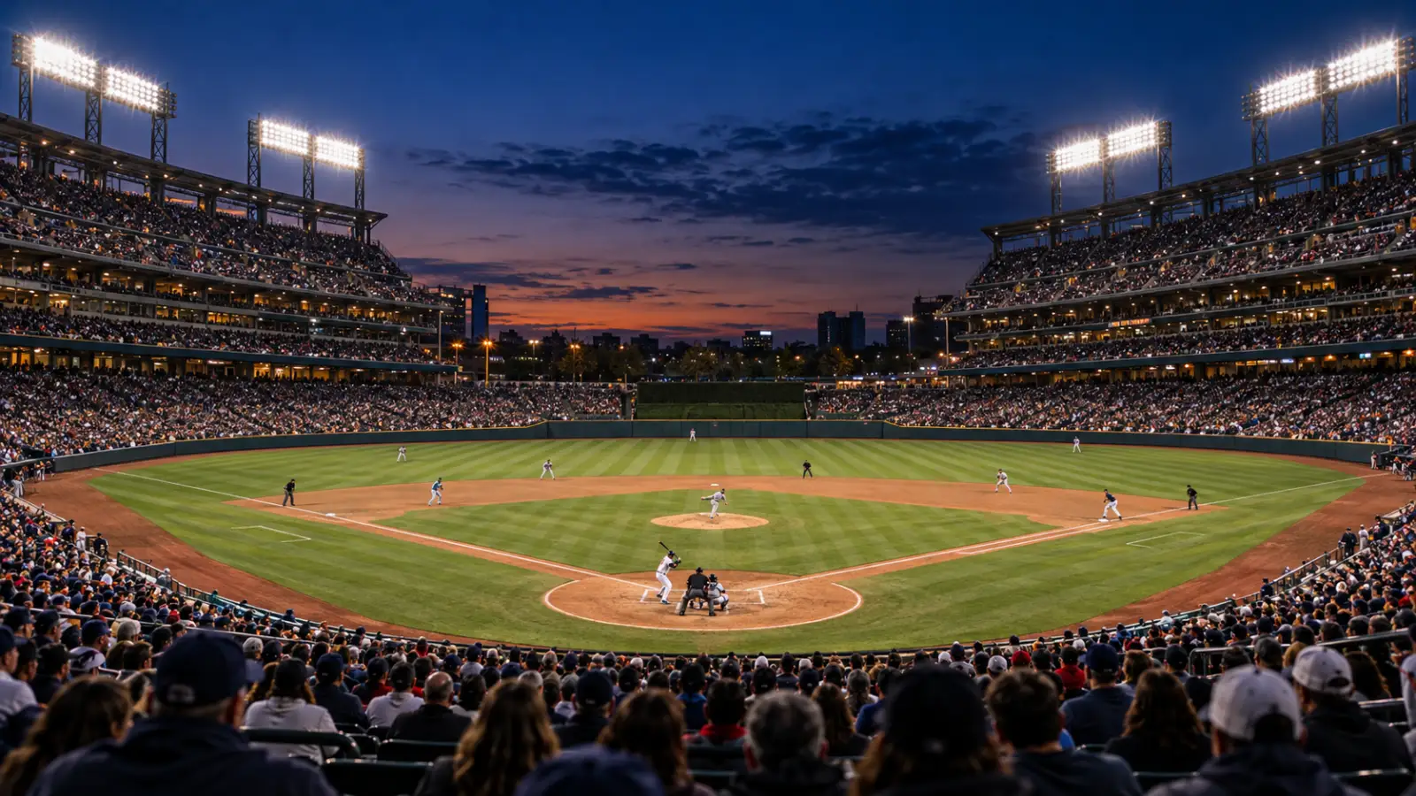 A packed ballpark at dusk under the lights, fans filling the stands for a championship series game