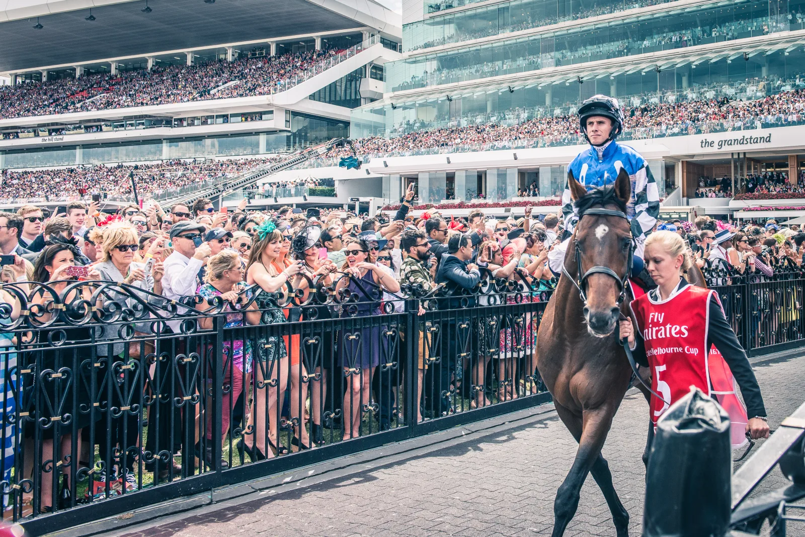 Jockey on a racehorse in front of a packed grandstand at the track