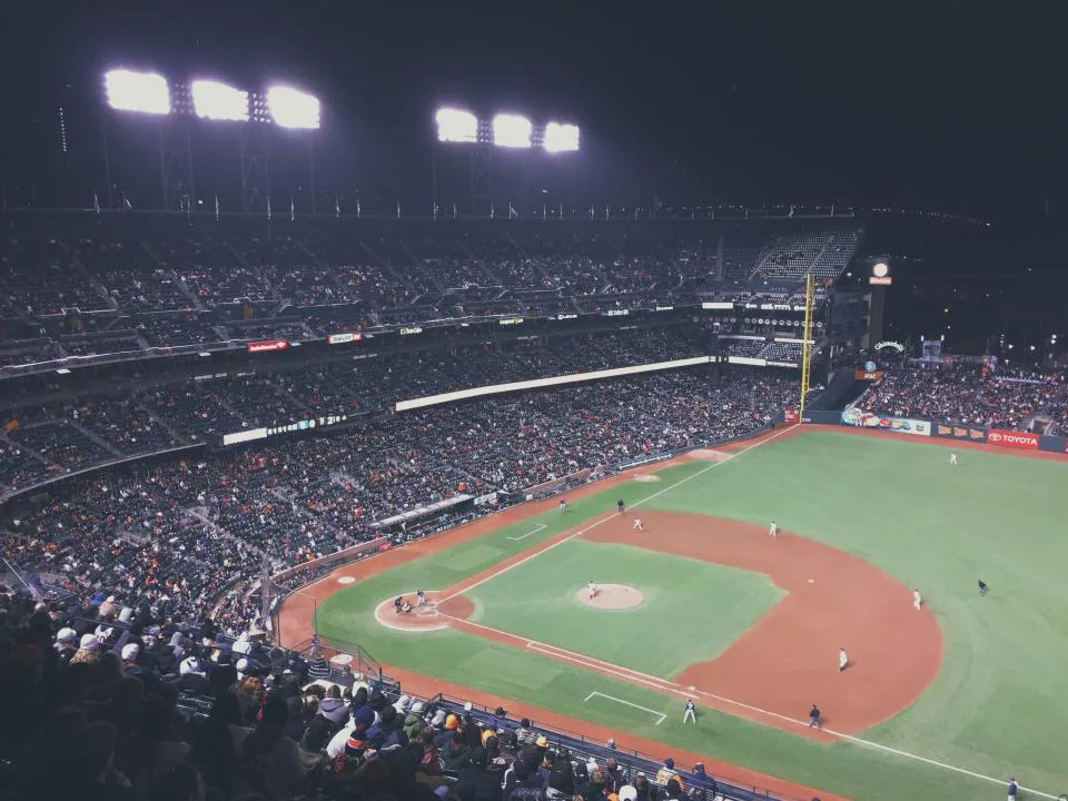 A baseball diamond and outfield on a sunny day