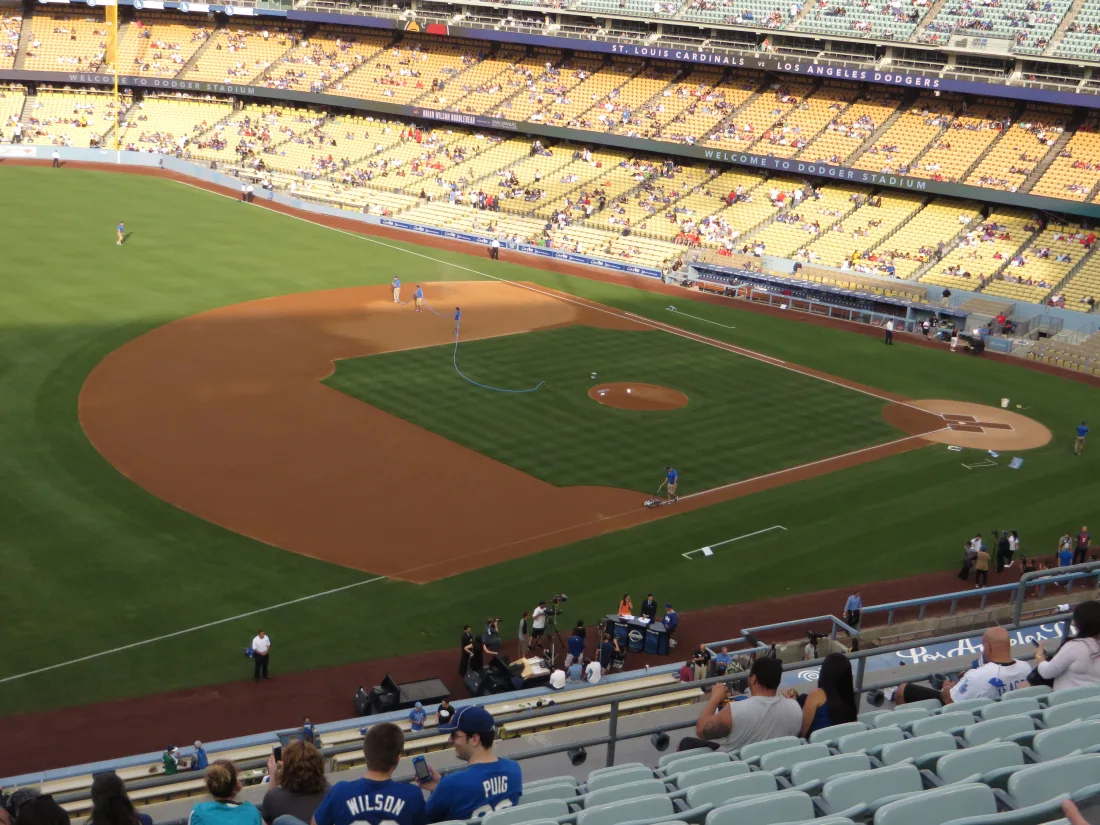 Green outfield and stands of a Major League Baseball ballpark