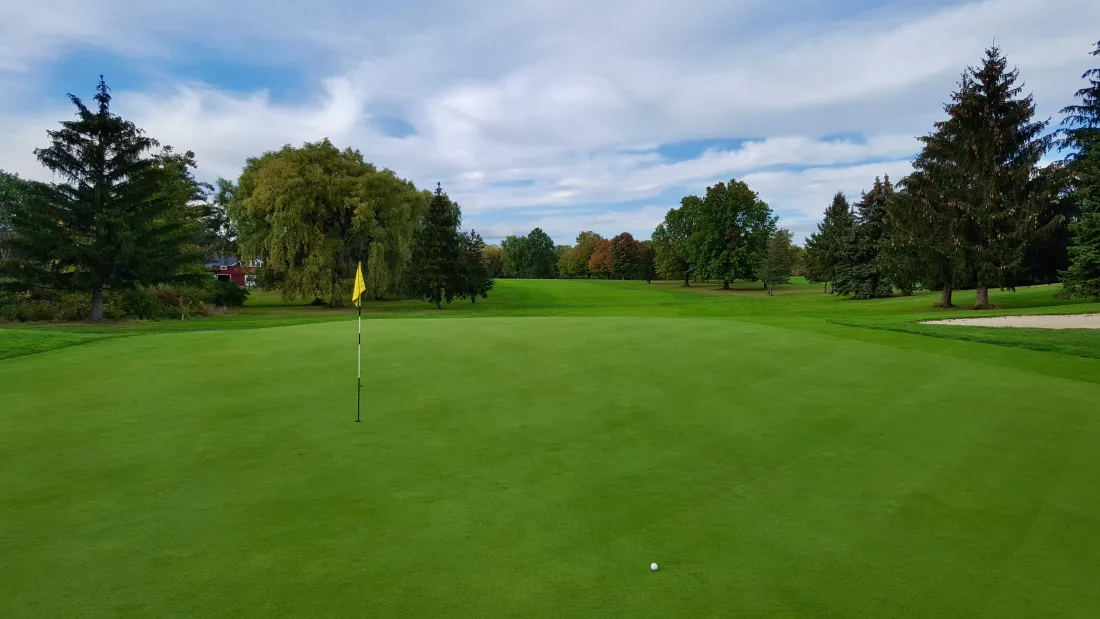 Golf course fairway lined with trees under a blue sky