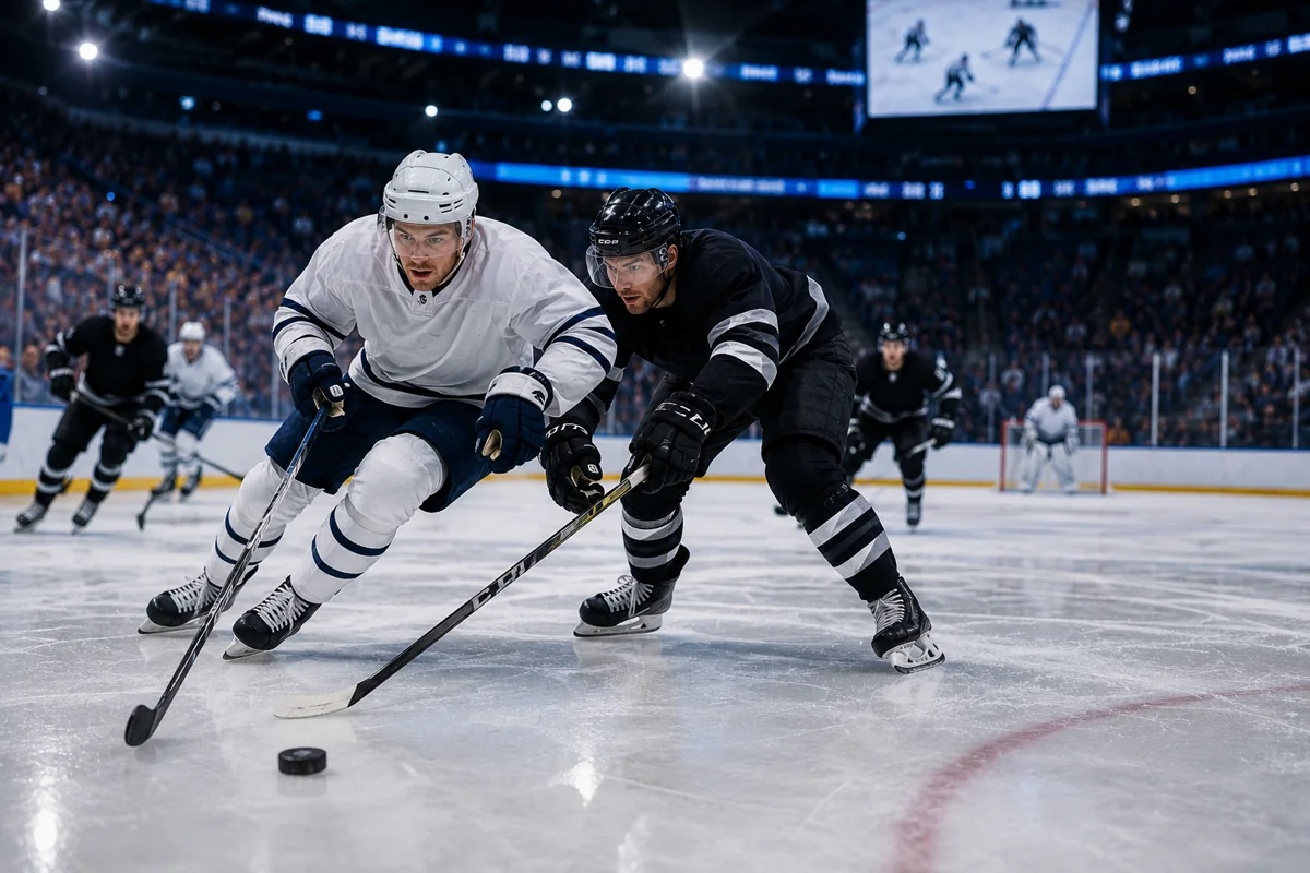 NHL tickets on StubOrder Two NHL players battling for the puck on open ice during a game