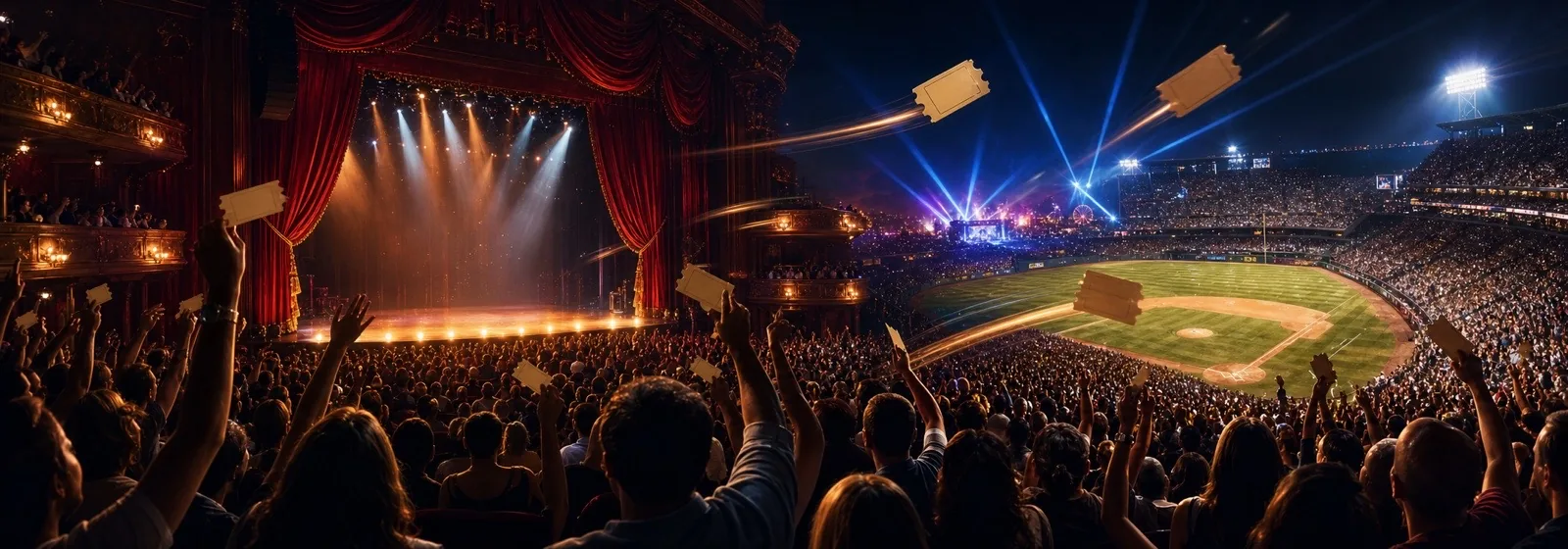 A packed theater with red curtains, an outdoor concert under blue spotlights, and a floodlit baseball stadium side by side, with fans raising tickets above the crowd