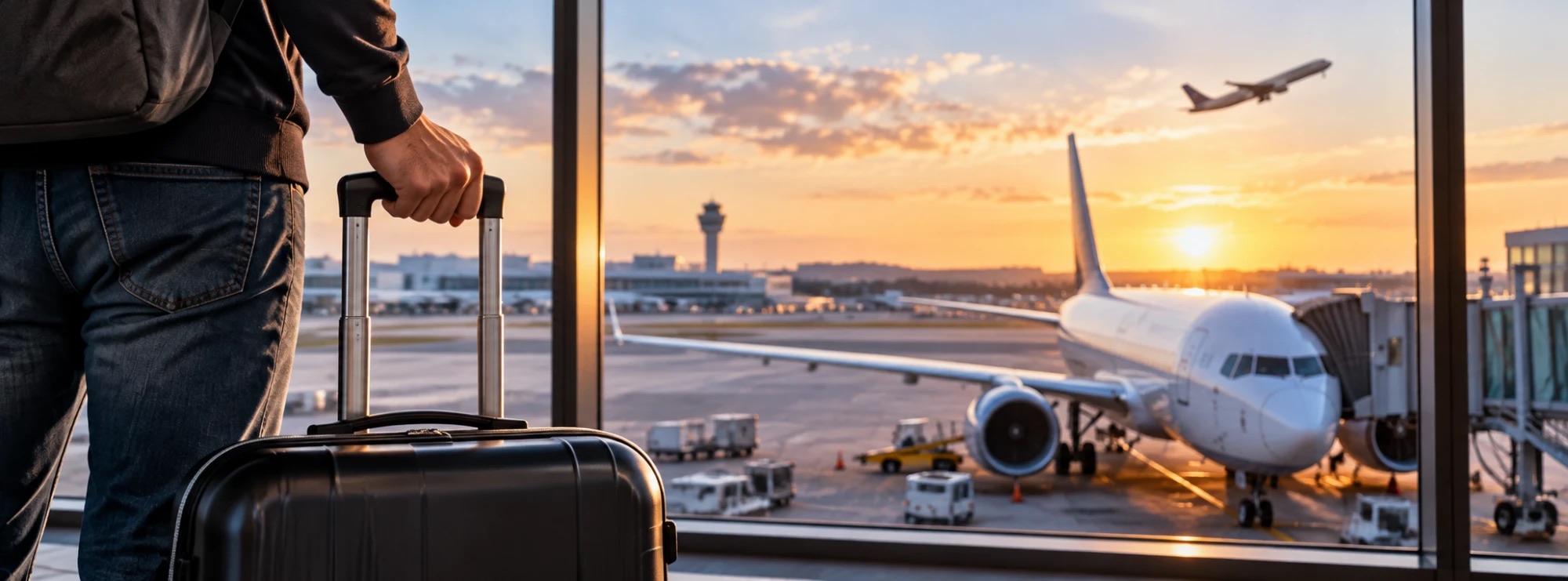 Flights to events Traveler with a black carry-on suitcase at an airport terminal window, watching a jet at the gate and another taking off at sunset