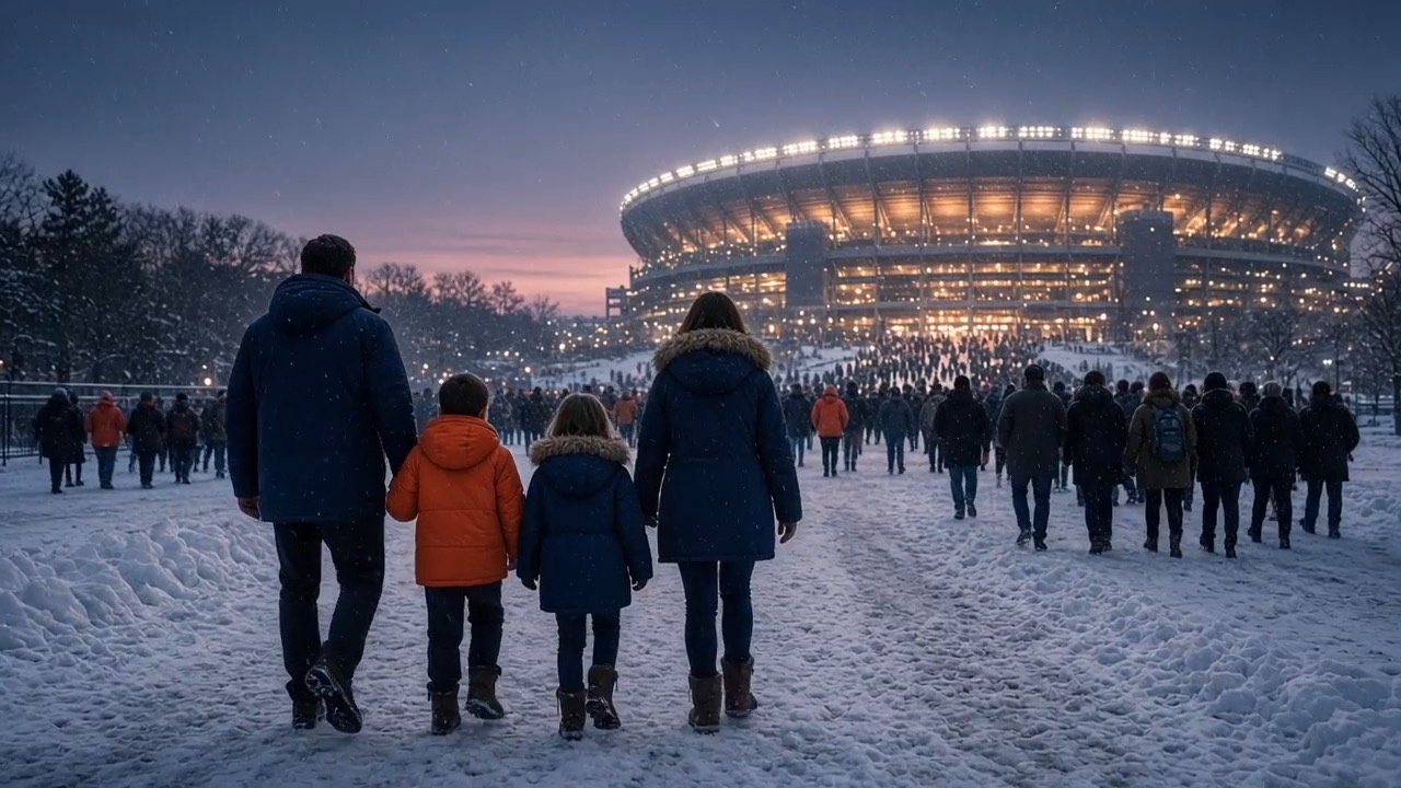 A family walks through the snow toward a lit-up stadium on a winter game day