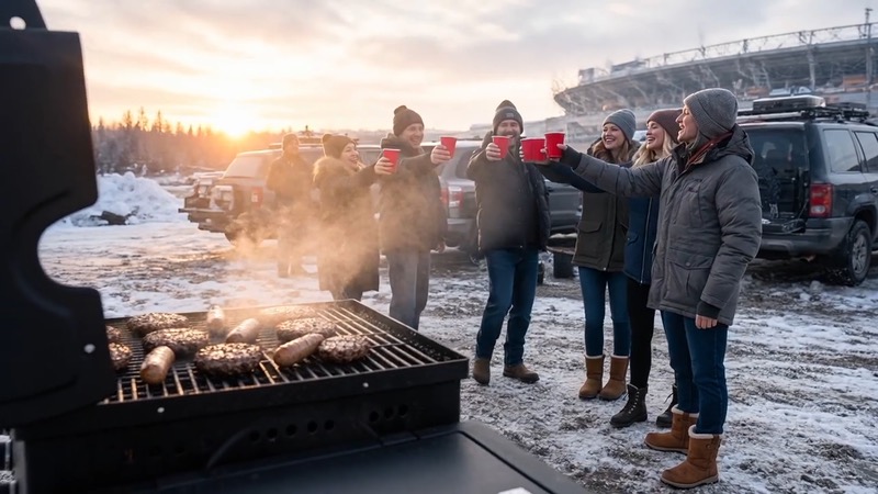 Tailgating before the game in the snow Friends tailgate in the snow outside a stadium before a winter game