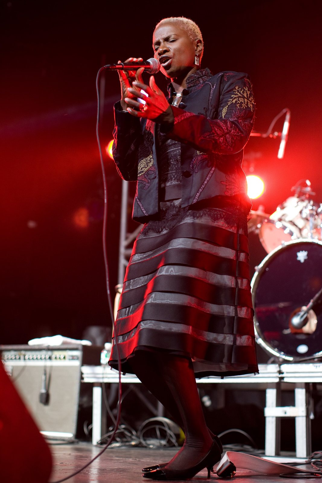 Angelique Kidjo singing into a microphone on stage in 2008