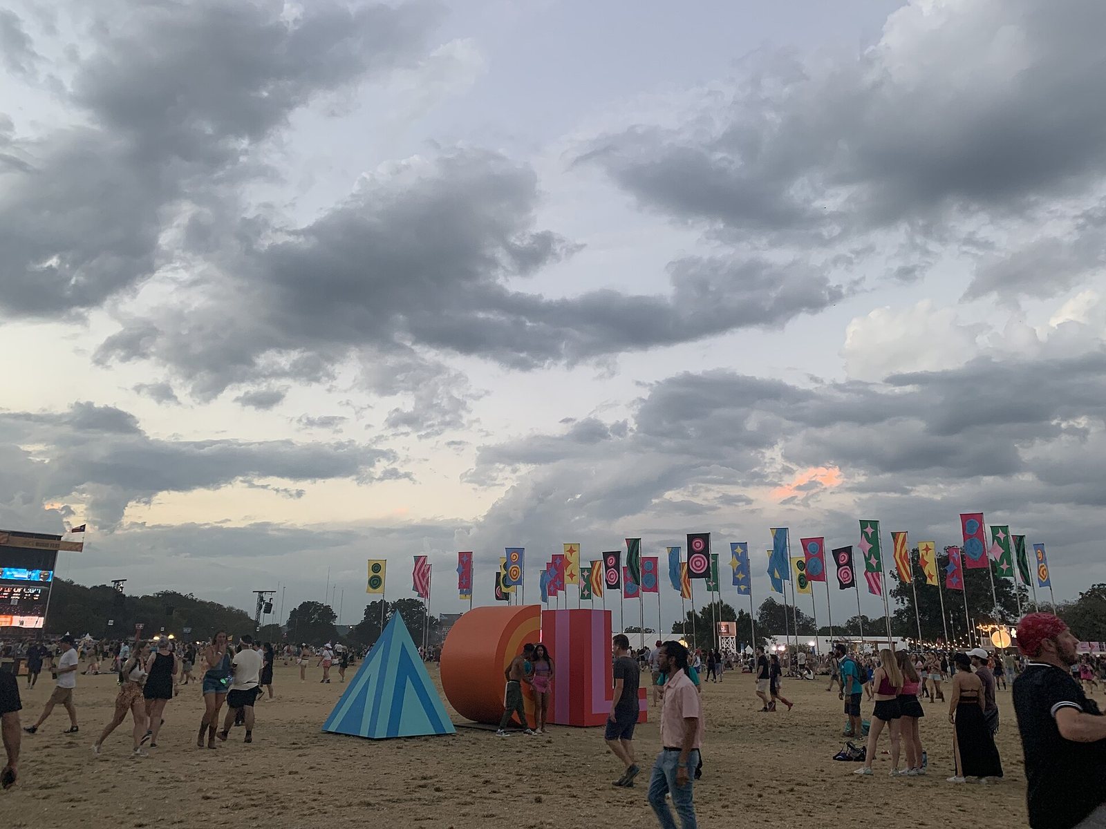 Festival grounds with flags and art installations at the Austin City Limits Music Festival, Zilker Park, Austin, 2022