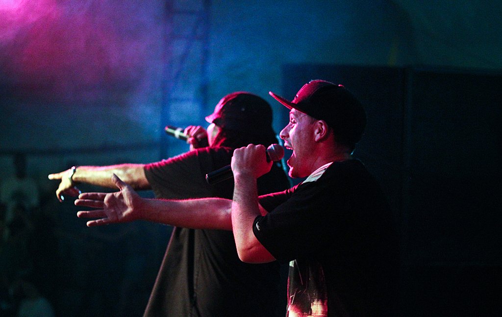 Dilated Peoples rapping on stage during a live show in Brazil, 2010