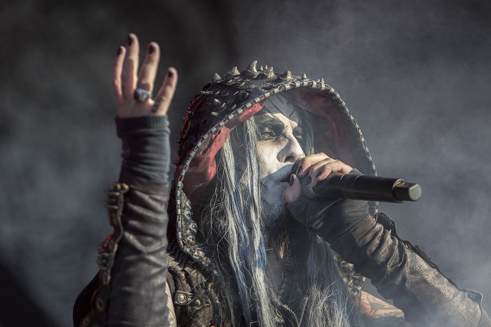 Dimmu Borgir's hooded vocalist performing at Tuska Open Air Metal Festival, Helsinki, 2019
