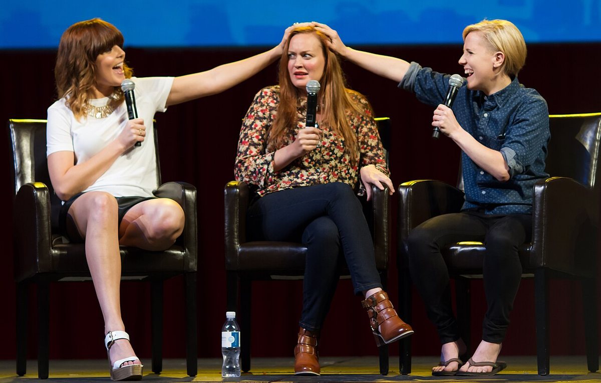 Buy Grace Helbig & Mamrie Hart tickets on StubOrder Grace Helbig (left) with Mamrie Hart and Hannah Hart on stage at VidCon 2014, Anaheim