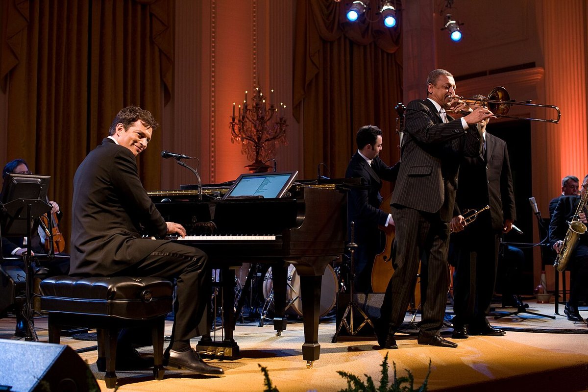 Harry Connick Jr. at the piano with his big band in the East Room of the White House, 2010
