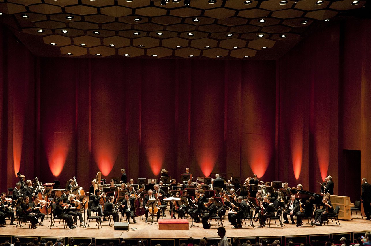 Houston Symphony musicians on stage before a concert in Houston, August 2010