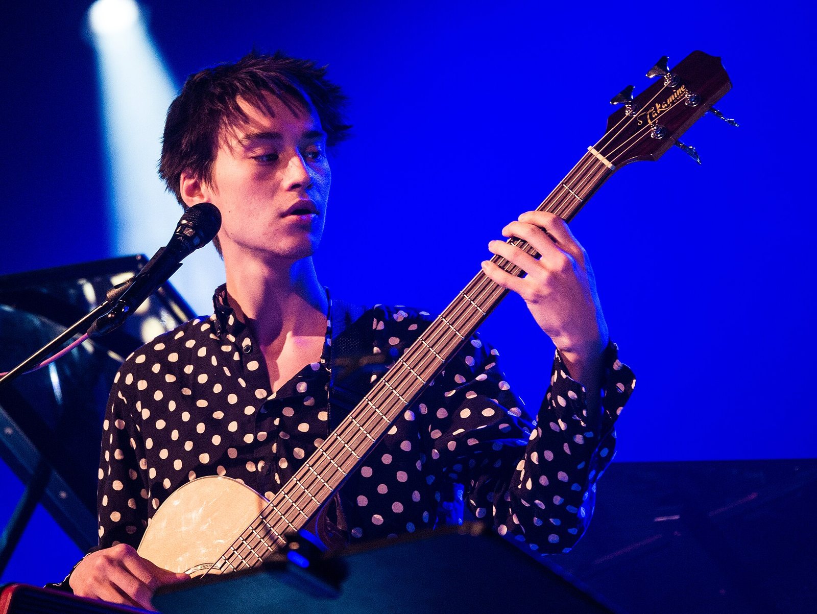 Jacob Collier playing bass guitar on stage at the Moers Festival, Germany, 2016
