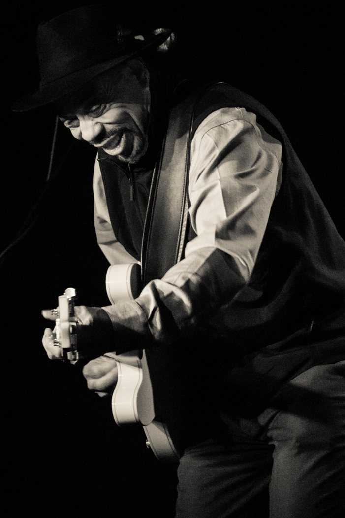 John Primer playing guitar on stage at the Redstone Room, Davenport, Iowa, 2016