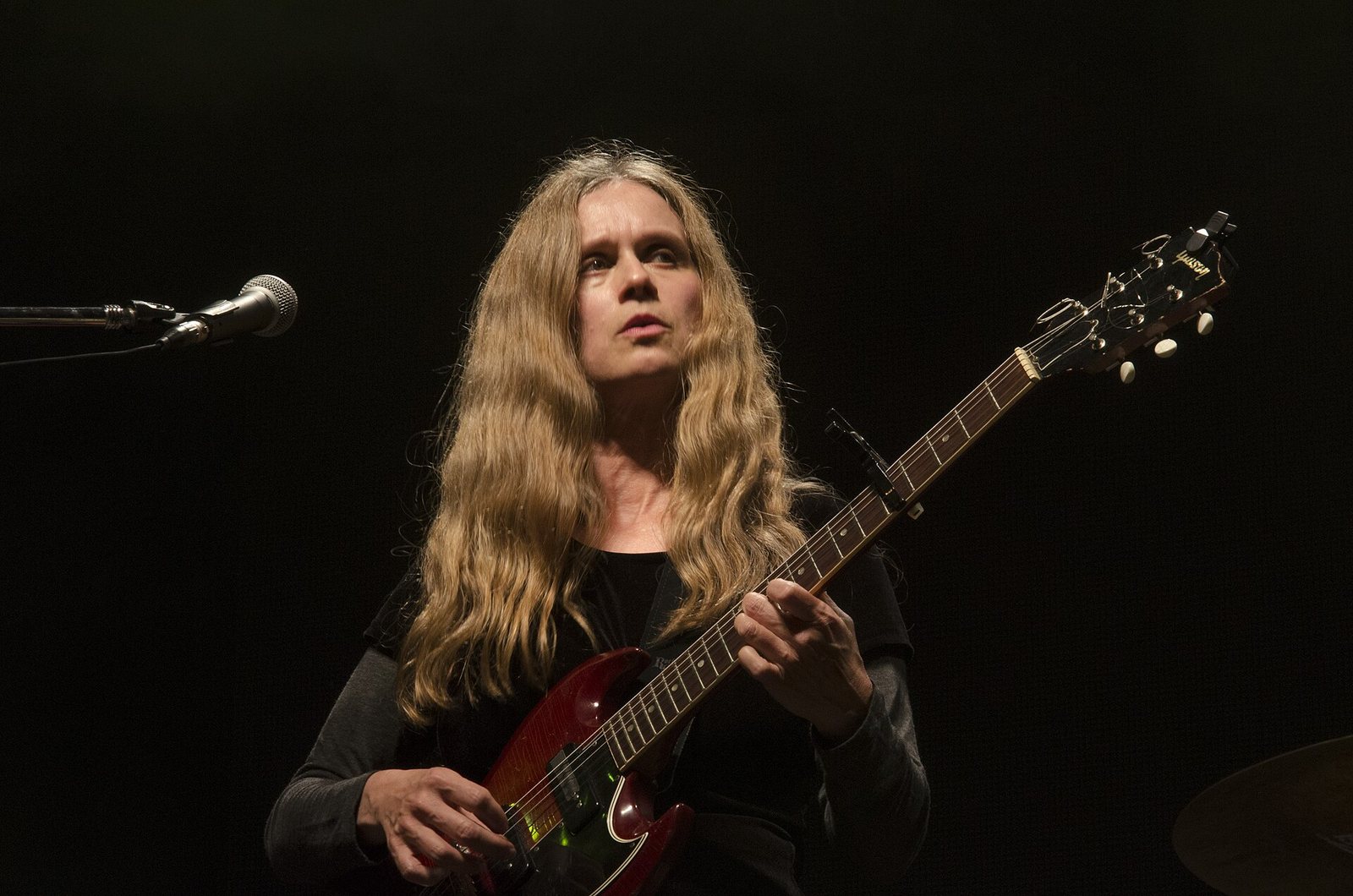 Juana Molina playing guitar on stage at Tecnópolis, Villa Martelli, Argentina, 2014