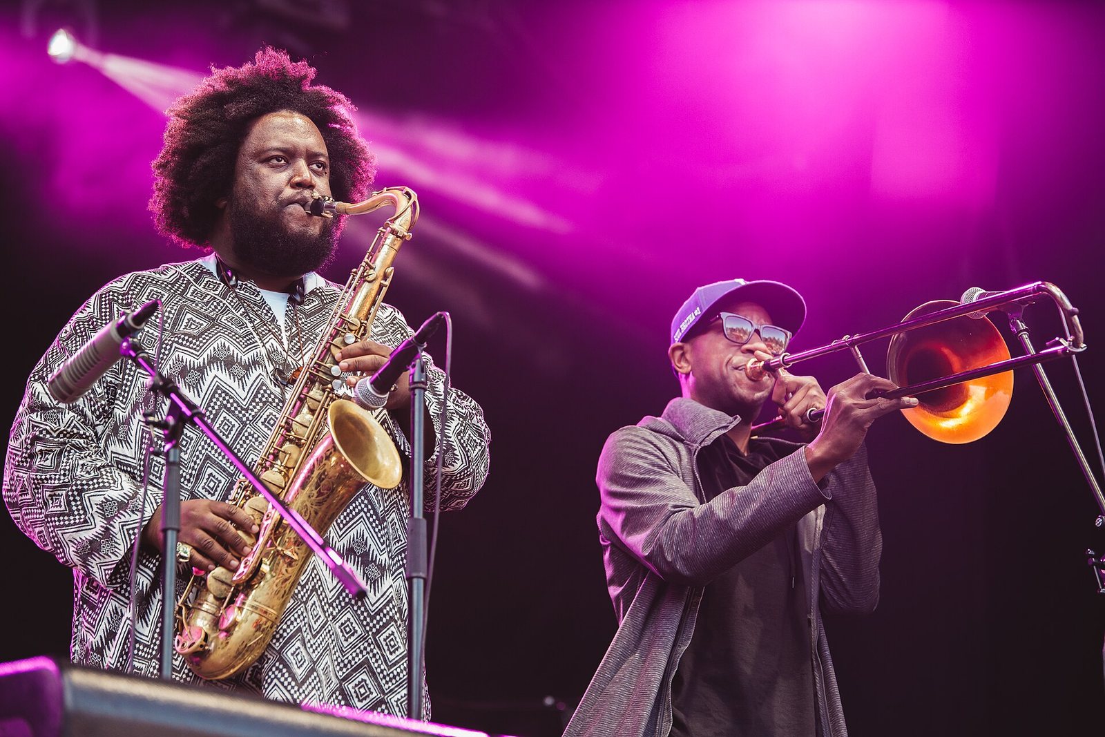 Kamasi Washington playing tenor saxophone on stage at Positivus Festival, Latvia, 2017