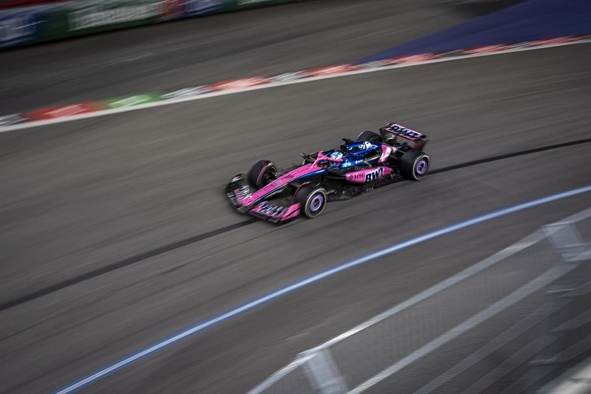 Buy Las Vegas Grand Prix tickets on StubOrder Alpine F1 car speeding on the 2025 Las Vegas Grand Prix street circuit
