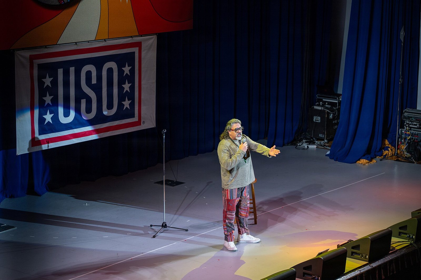 Martin Moreno performing stand-up at a USO comedy show, Yokota Air Base, Japan, 2026