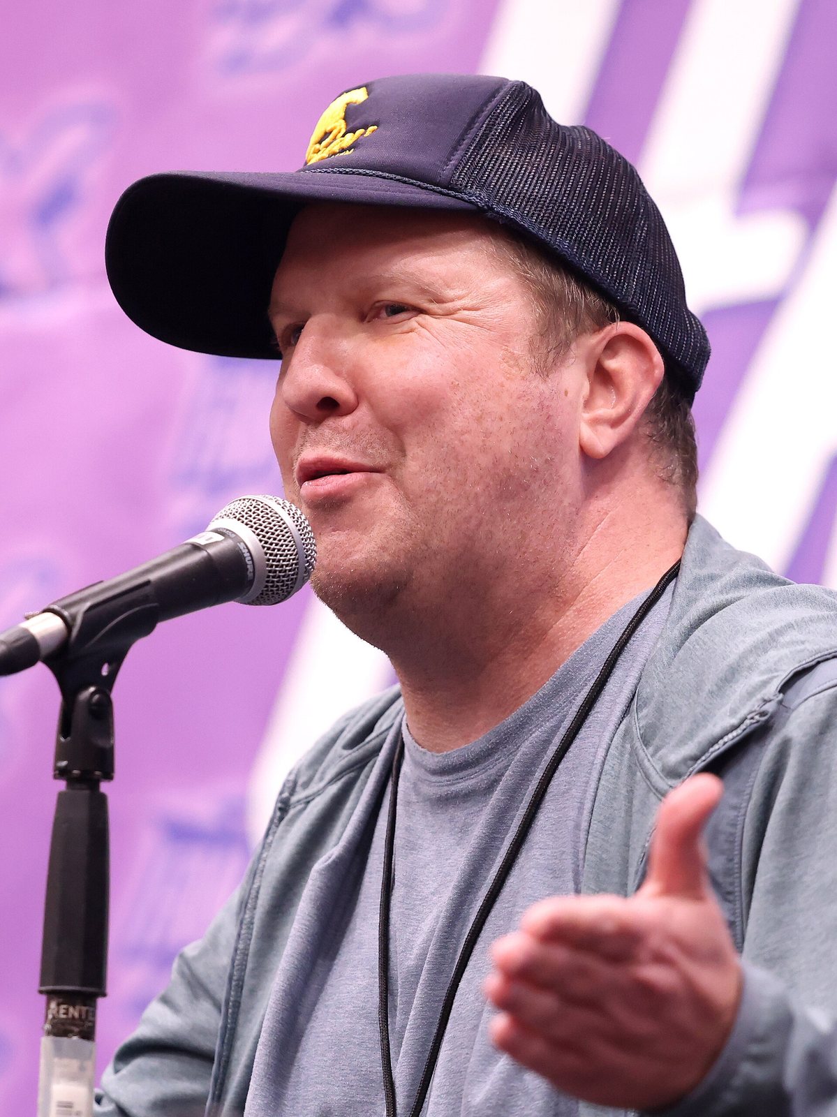 Nick Swardson speaking at a microphone at an event in Salt Lake City, Utah, 2026