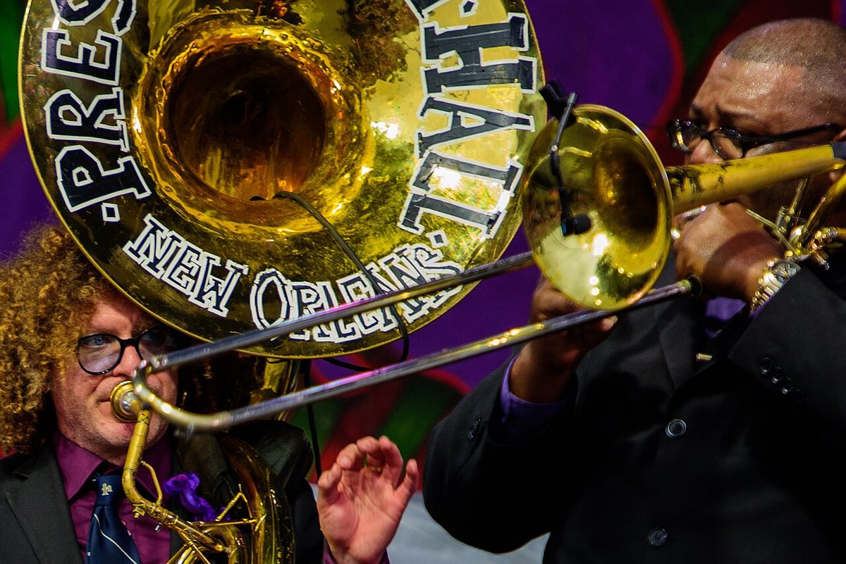 Preservation Hall Jazz Band horn players on stage at New Orleans Jazz and Heritage Festival, 2016