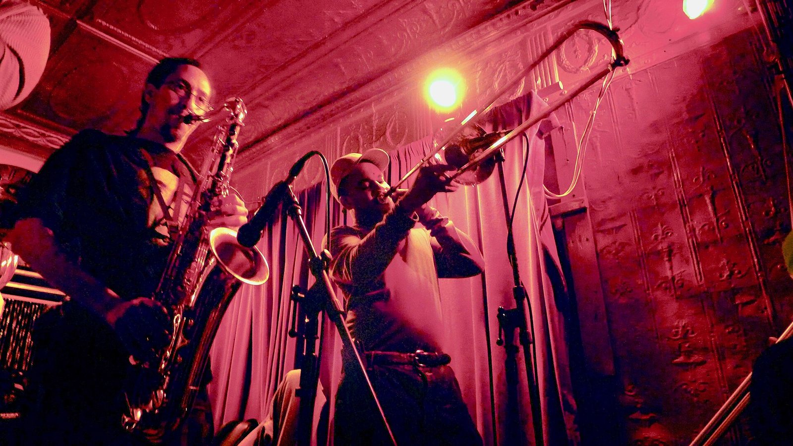 Rebirth Brass Band saxophone and trombone players performing at the Maple Leaf Bar, New Orleans, January 2011