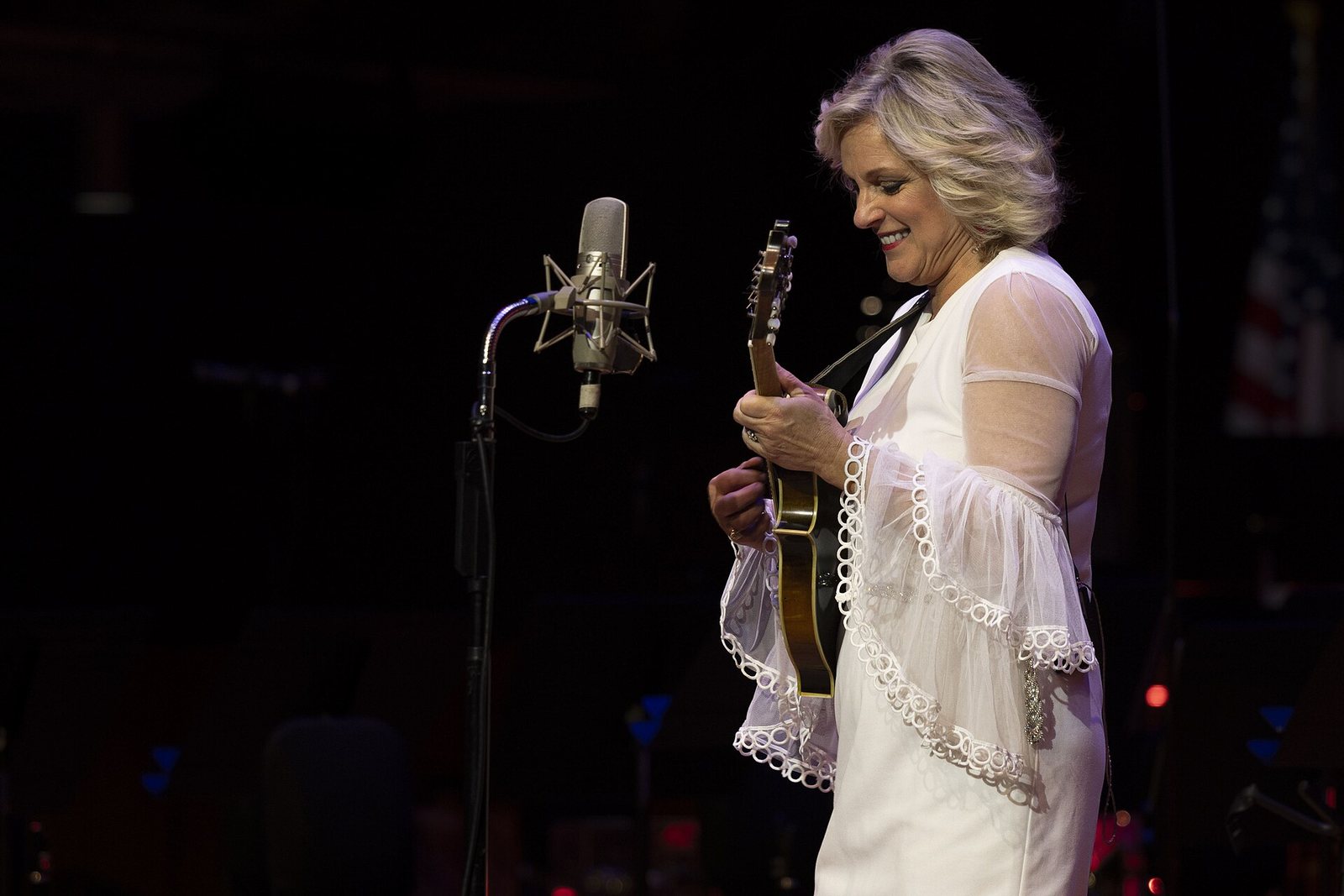 Rhonda Vincent playing mandolin on stage at Temple University Performing Arts Center, Philadelphia, 2025