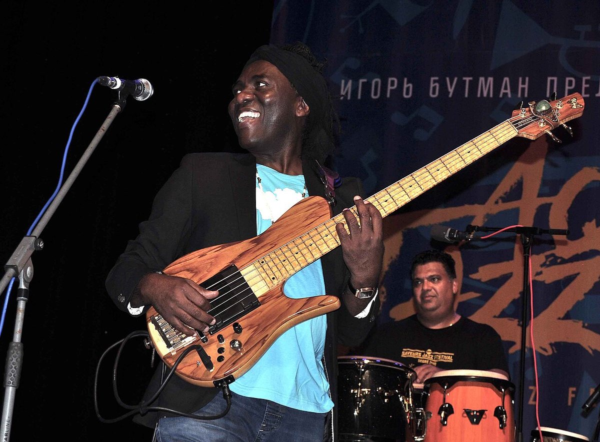 Buy Richard Bona tickets on StubOrder Richard Bona playing bass on stage at the AquaJazz festival, Sochi, 2016