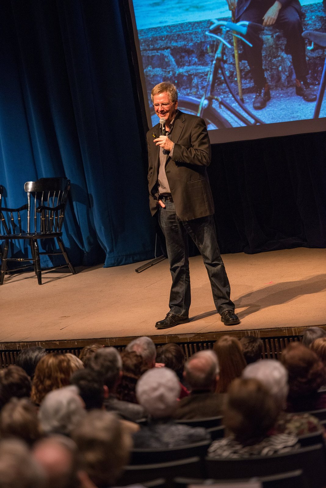 Rick Steves speaking on stage at Roanoke College, Salem, Virginia, 2013