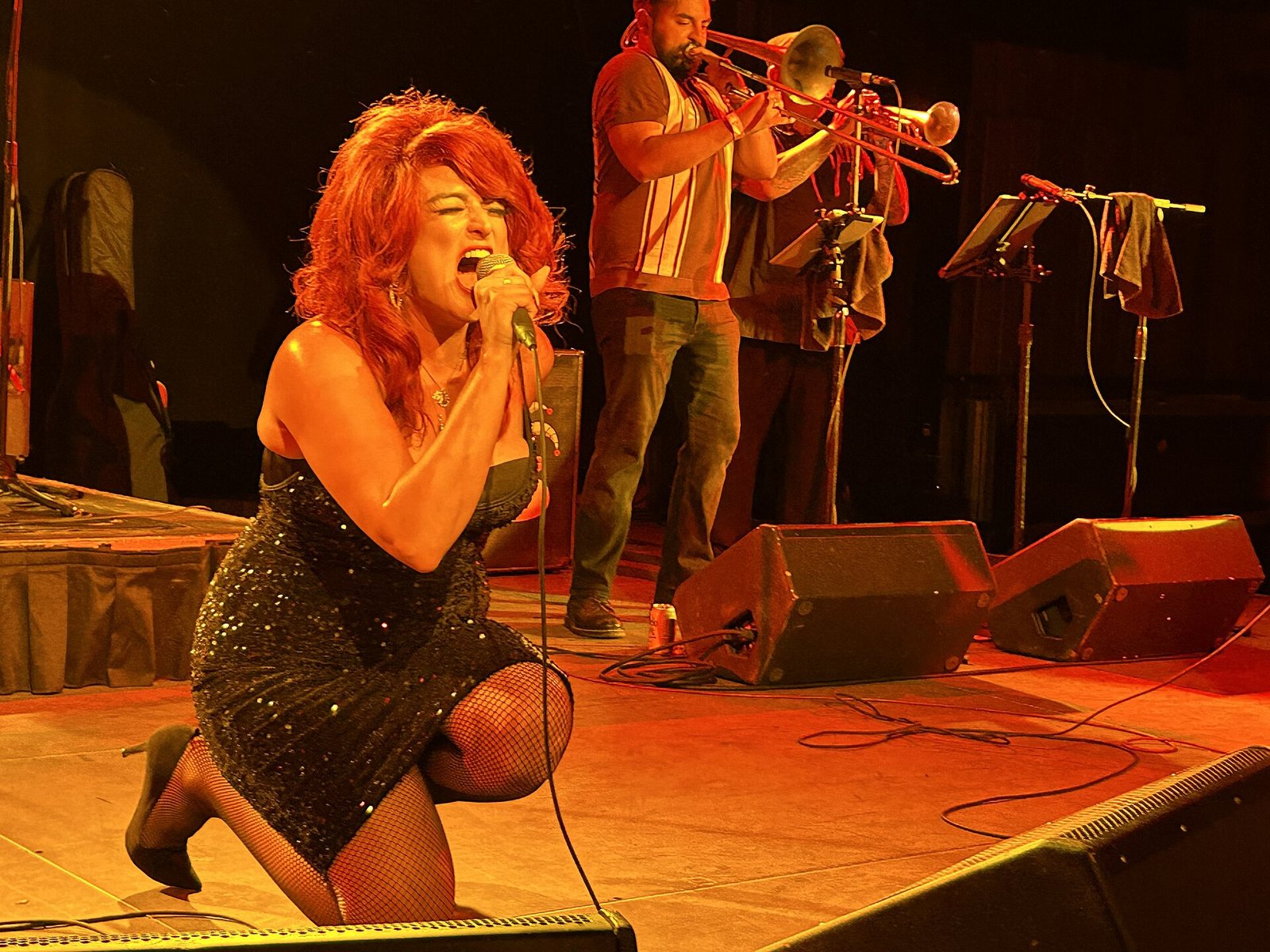 Monique Powell of Save Ferris singing on stage with the horn section at the Starland Ballroom, New Jersey, 2023