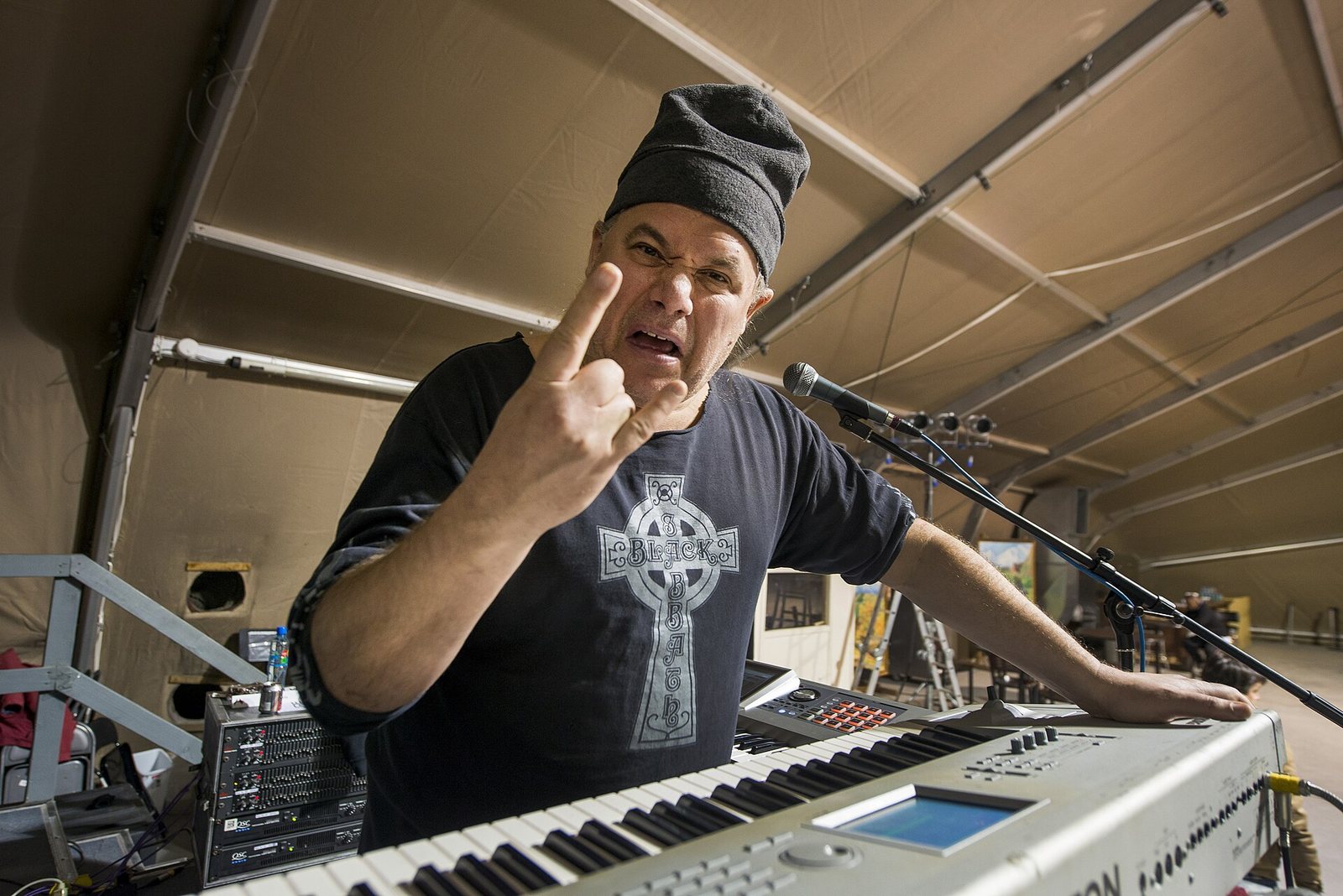 Slippery When Wet keyboardist Paul Mowris at a sound check, Transit Center at Manas, Kyrgyzstan, 2014