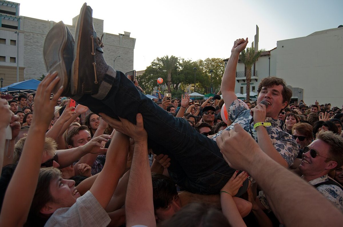 Buy Surfer Blood & Winter tickets on StubOrder John Paul Pitts of Surfer Blood singing in the crowd at Make Music Pasadena, 2014