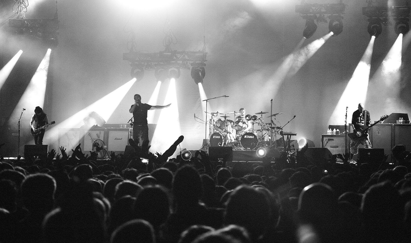 System of a Down performing on stage in front of a packed crowd, 2013