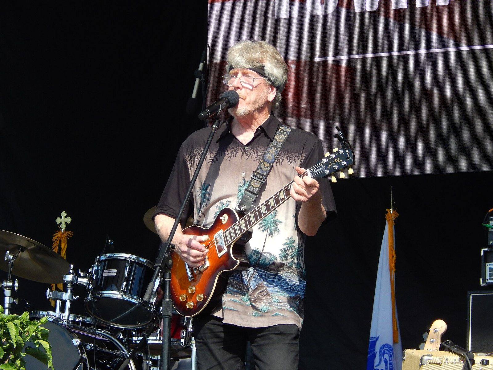 Jerry Yester of The Lovin' Spoonful singing and playing guitar on an outdoor stage, 2016