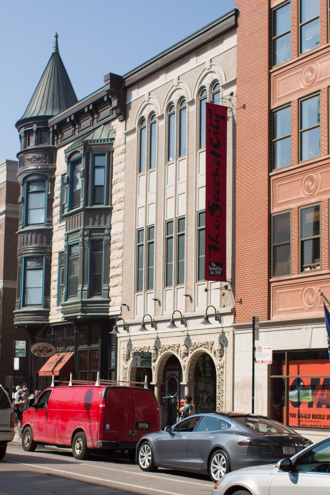 The Second City theater building with its red banner in Old Town, Chicago, 2015