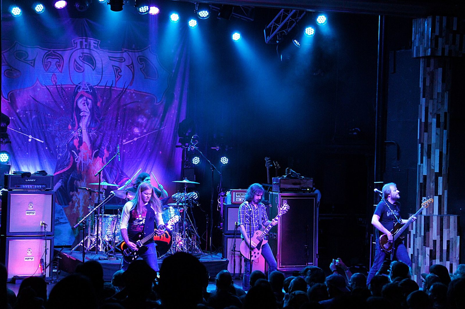 The Sword performing in front of their banner at The Observatory, Santa Ana, California, 2013