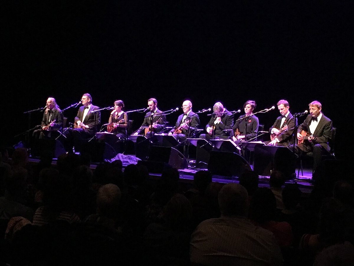 The Ukulele Orchestra of Great Britain on stage at the Barbican, London, 2018