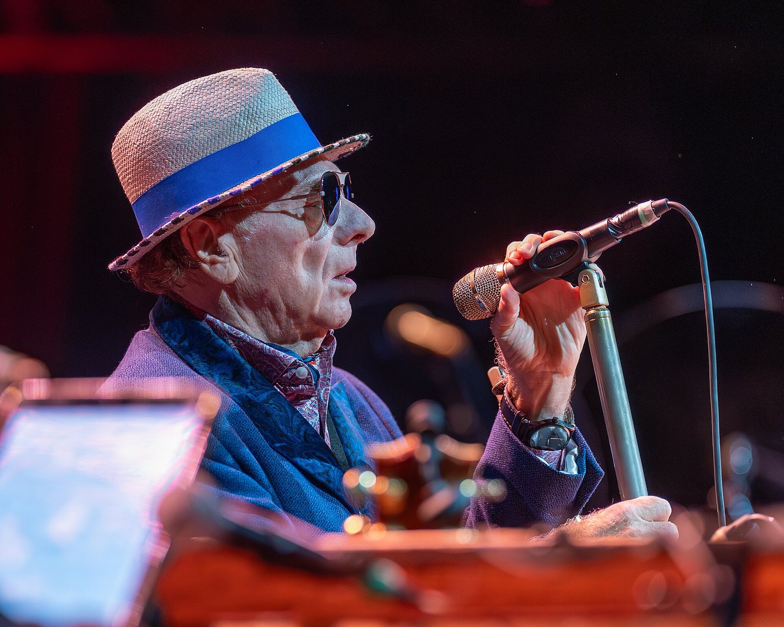Van Morrison singing into a microphone at the Montreux Jazz Festival, Switzerland, July 2026
