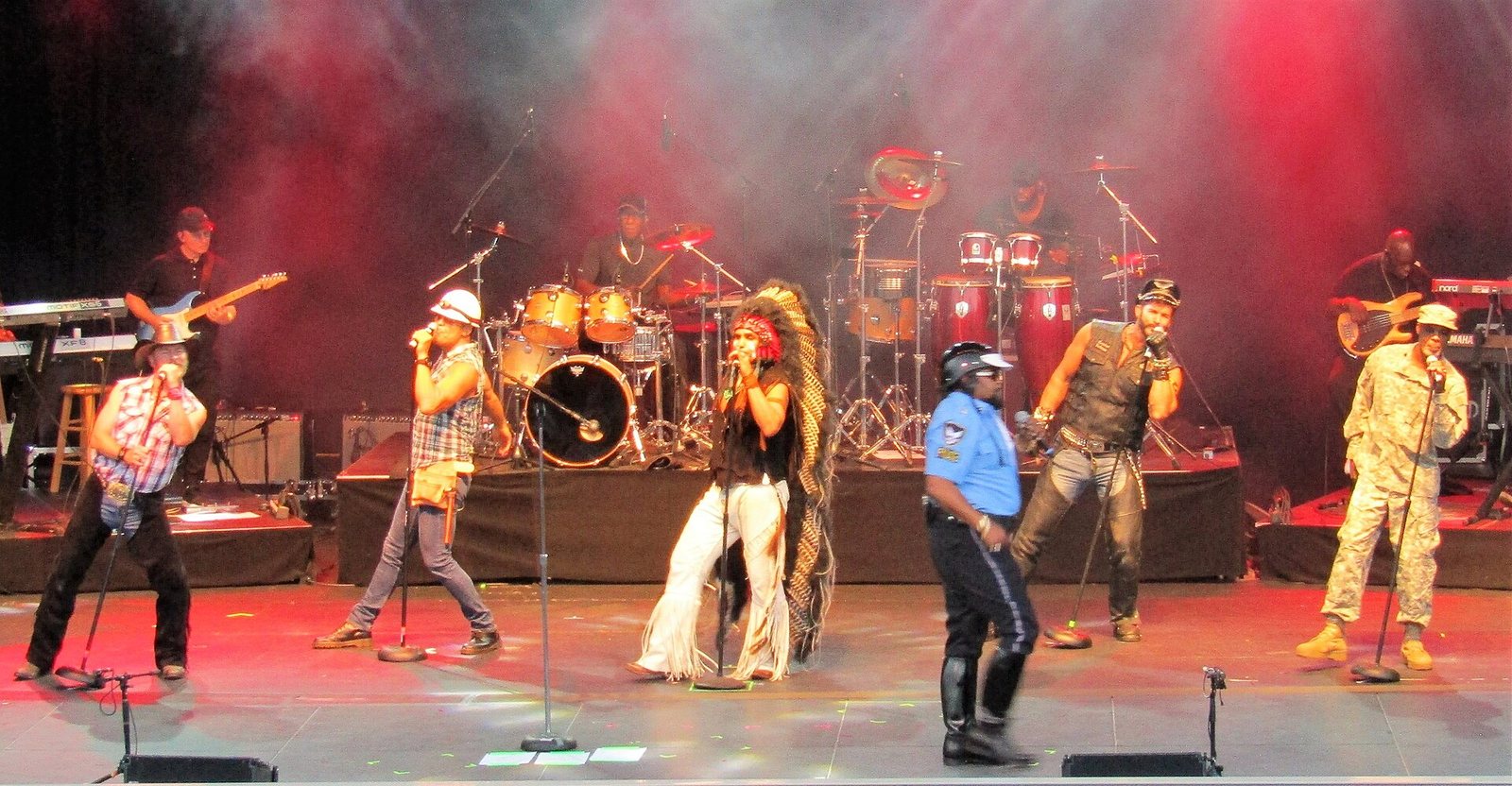 Village People performing in costume at the Sandy Amphitheater, Sandy, Utah, 2018