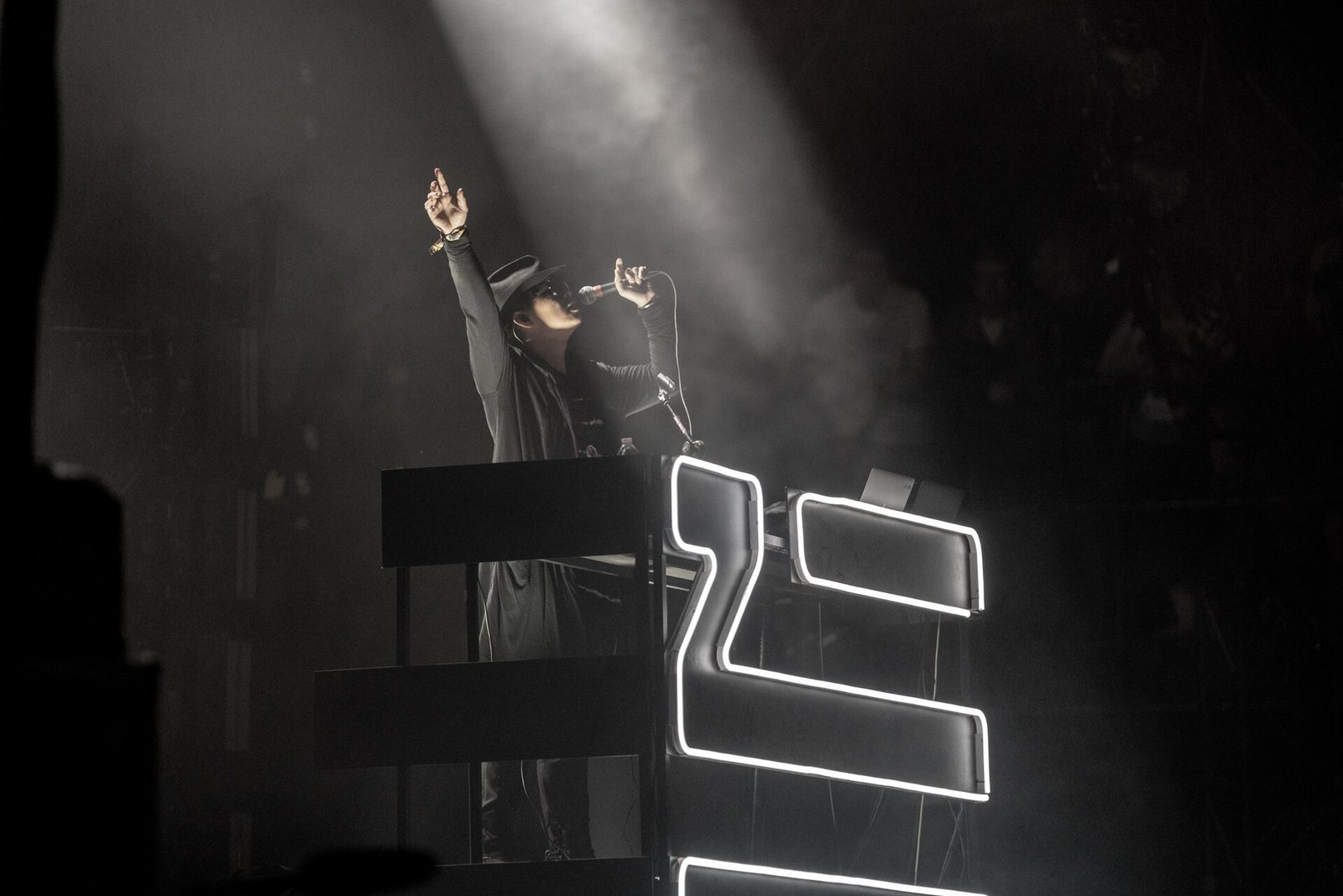 Zhu performing behind his illuminated ZHU booth at Electric Forest Festival, Michigan, 2018