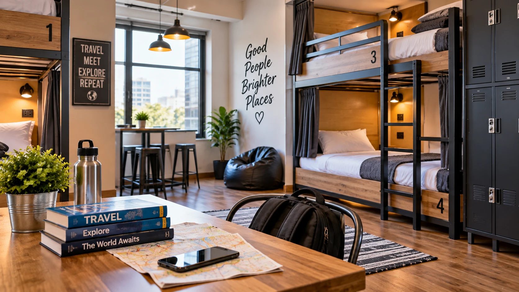 Hostel dorm room with wooden bunk beds, reading lights and steel lockers