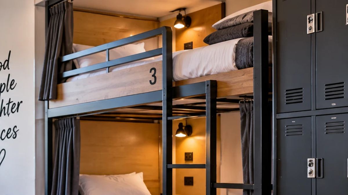 Hostel dorm bunk bed with privacy curtain, reading light and lockers: hostels in São Paulo