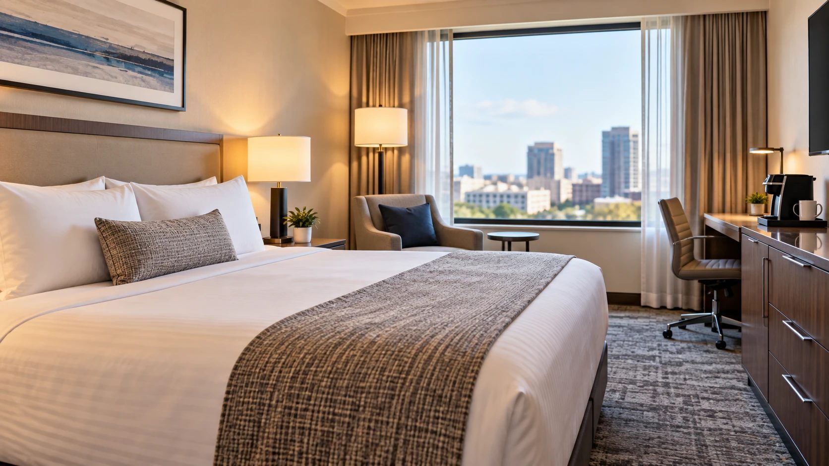 Hotel room with a king bed, work desk and city view