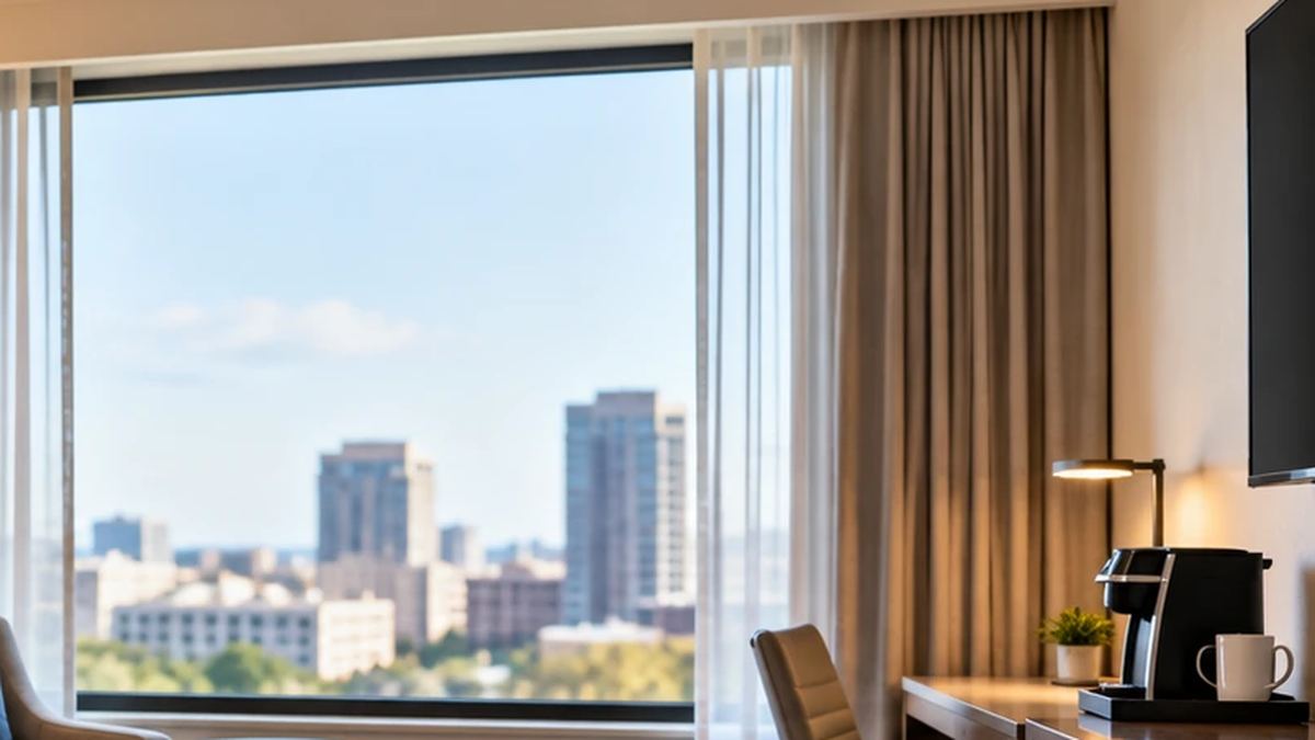 Hotel room desk with coffee machine and city view — Holiday Inn Express & Suites New Castle by IHG, New Castle, PA