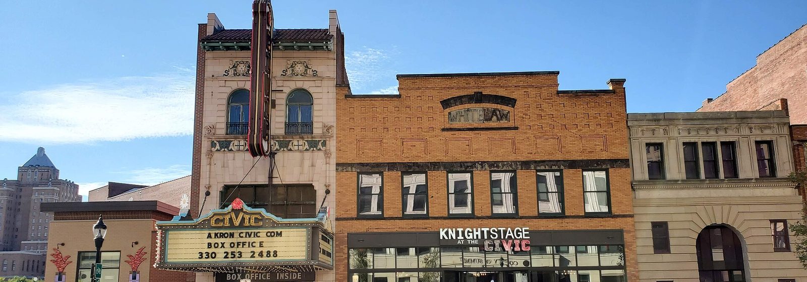 Street-level view of the Akron Civic Theatre facade and marquee with the adjacent Knight Stage building on South Main Street in downtown Akron, Ohio - Akron Civic Theatre tickets