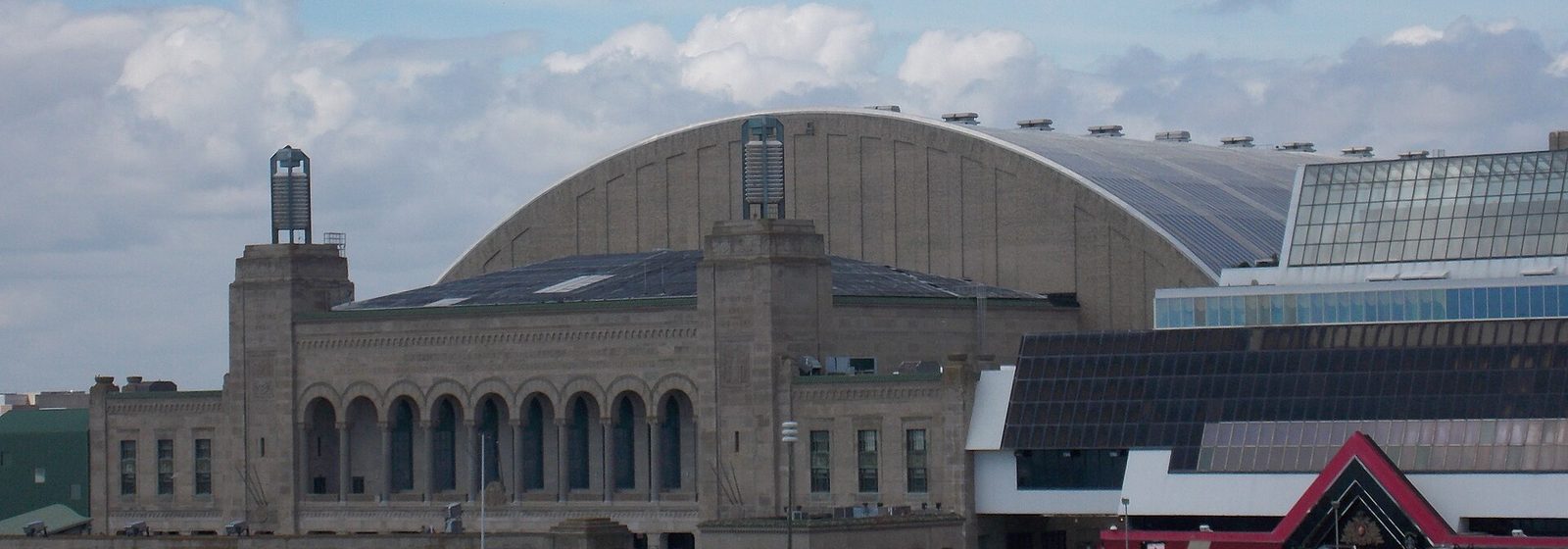 View from the beach of Boardwalk Hall's arched barrel roof and twin entrance towers in Atlantic City, New Jersey - Boardwalk Hall Arena - Boardwalk Hall tickets