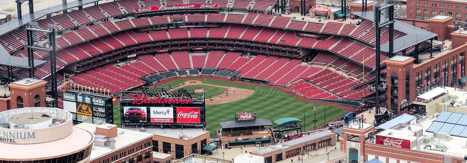 High-angle view of Busch Stadium in St. Louis, Missouri, photographed from the observation deck of the Gateway Arch - Busch Stadium tickets