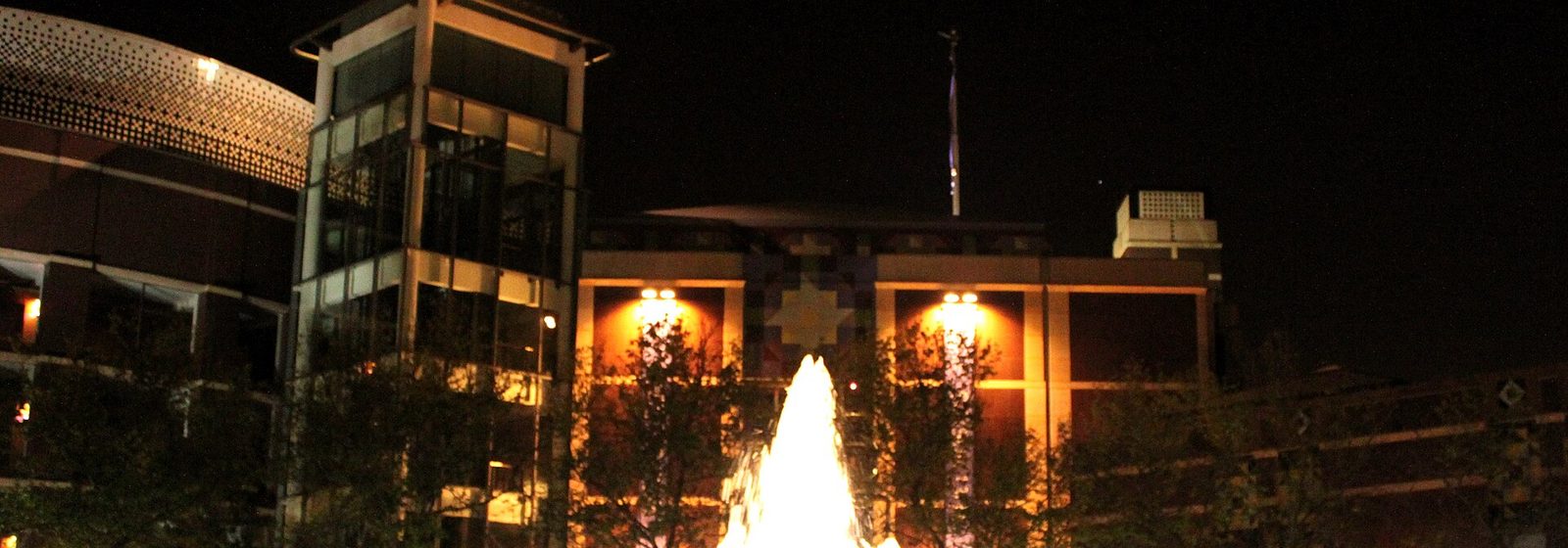 Night view of the Cerritos Center for the Performing Arts entrance facade and plaza fountain in Cerritos, California - Cerritos Center tickets