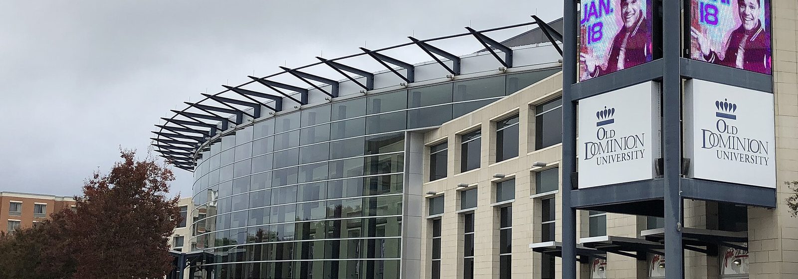 Curved glass facade and signage tower at the main entrance of Chartway Arena at the Ted Constant Convocation Center in Norfolk, Virginia - Chartway Arena at Ted Constant Convocation Center tickets