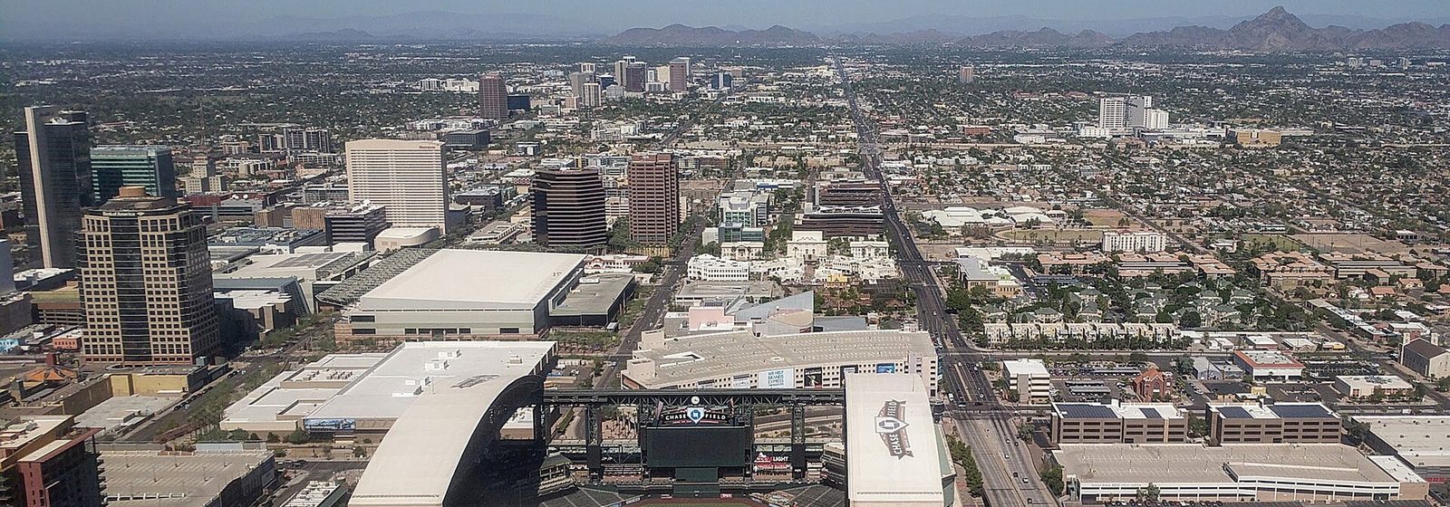 Aerial view of Chase Field ballpark and the surrounding downtown Phoenix, Arizona, seen from the south - Chase Field tickets